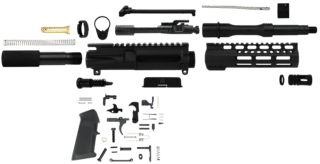 This kit is the total AR build kit package. The black Parkerized barrel is designed to avoid rust and remain functional with repeated use.